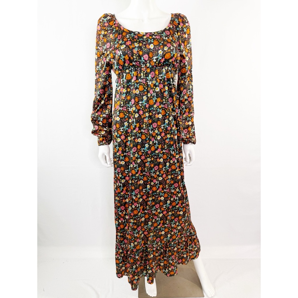 Vintage Carlette Brown Floral Long Sleeve Maxi Dress Size XS 70s Boho Hippie